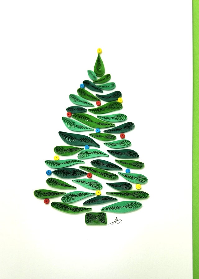 The Card: Christmas Tree with Ornaments Quilling Card 5x7 (Copy) showcases a handmade green quilled tree adorned with colorful ornaments on a white background—an ideal holiday greeting card.