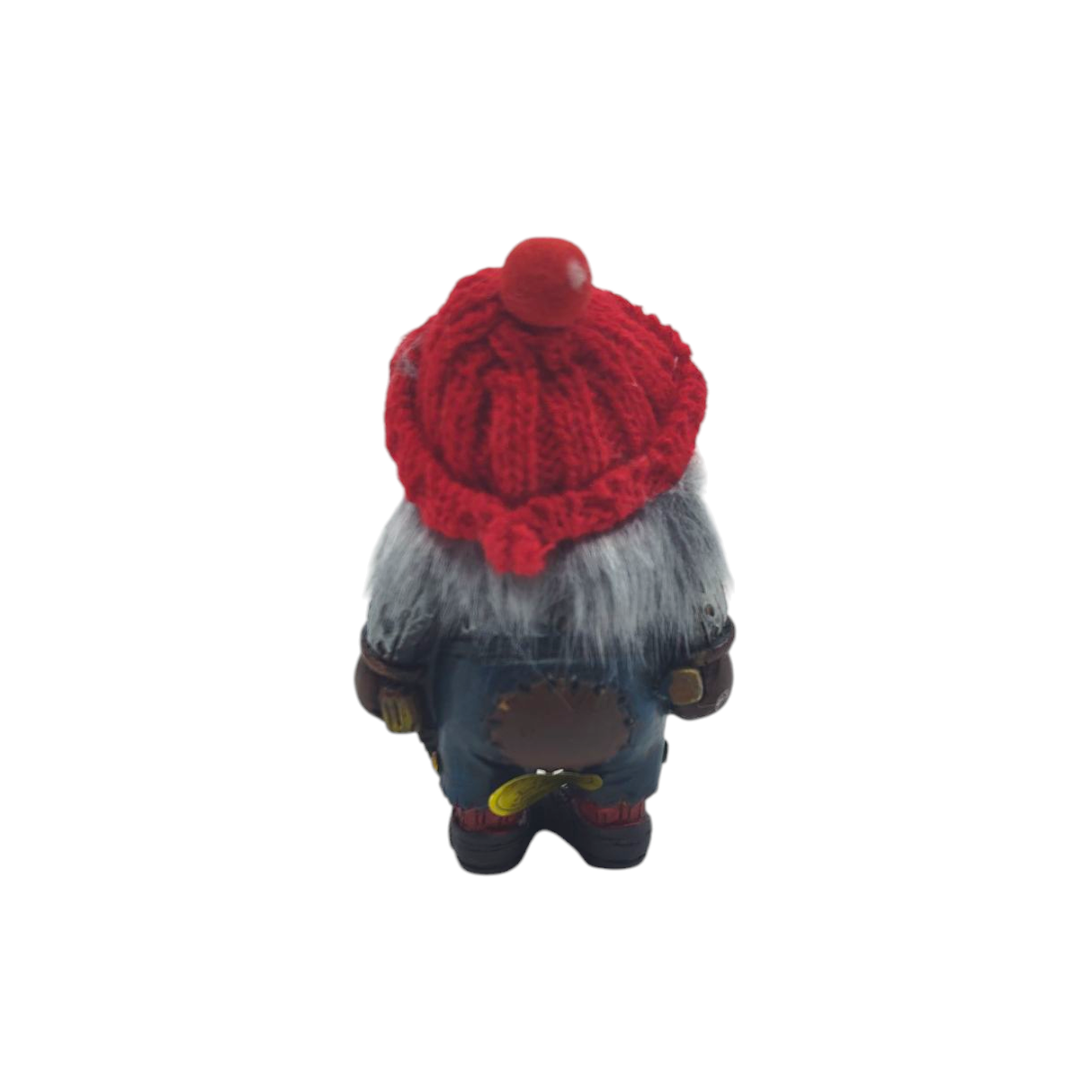 The Nisse Man figurine features a red knit hat, gray hair, and a blue outfit as seen from the back, complete with its signature hammer.