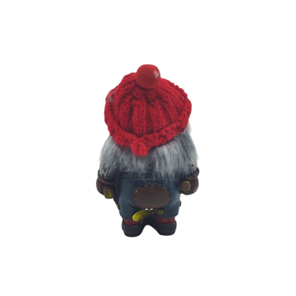 The Nisse Man figurine features a red knit hat, gray hair, and a blue outfit as seen from the back, complete with its signature hammer.