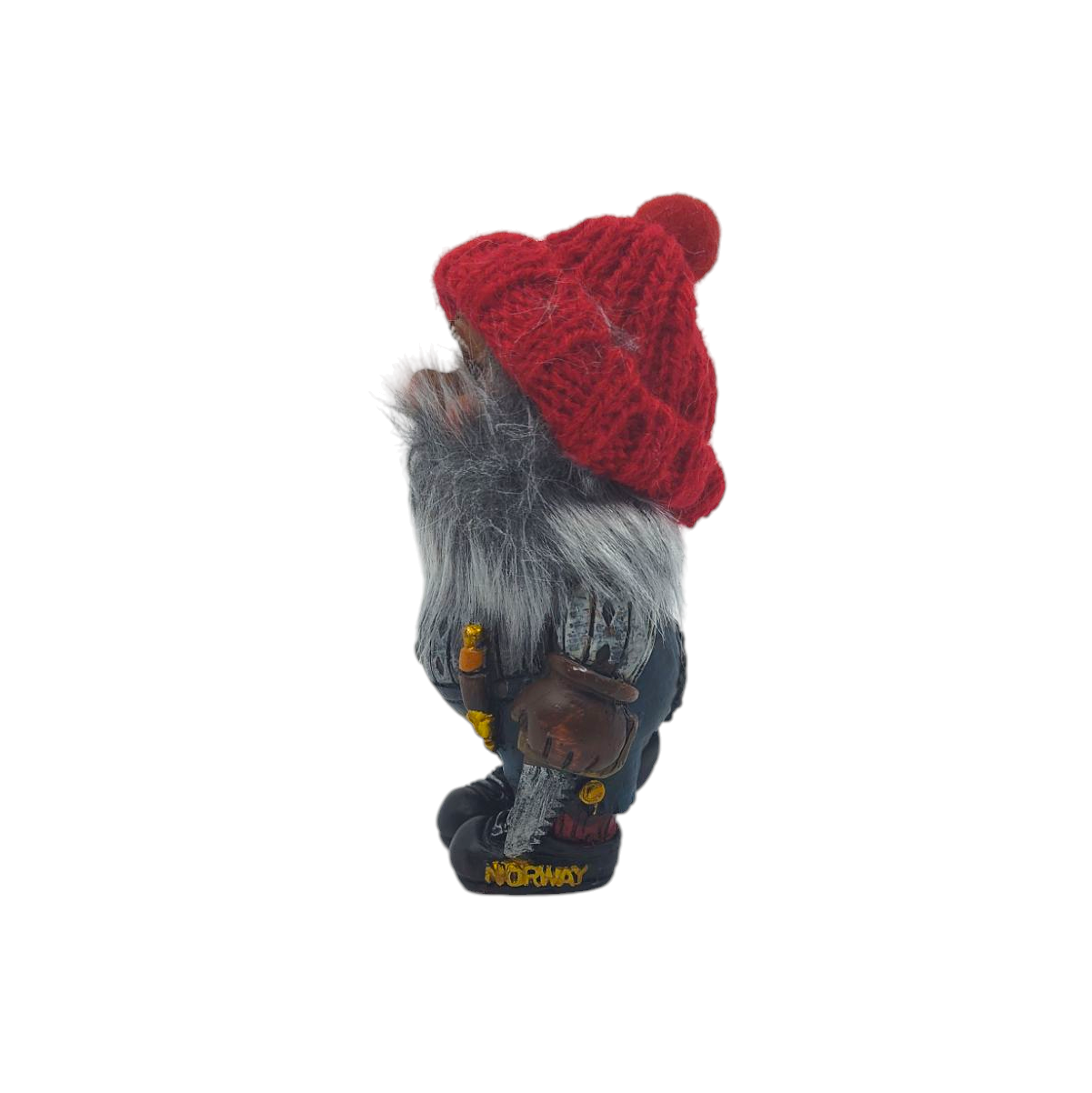 Side view of a charming Nisse Man figurine with a red knit hat and hammer, featuring Norway on its base, capturing the essence of this Scandinavian piece.