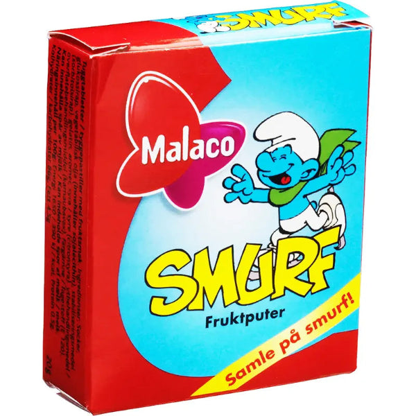 A red and blue mini box of Malaco Smurf Frukputer Tablets (20 g) from Swedish Sweets Wholesale LLC - Swedish Candy, featuring a smiling Smurf with outstretched arms and the text “Samle på smurf!” on the front—perfect for fans of Swedish gummy candy with a candy shell.