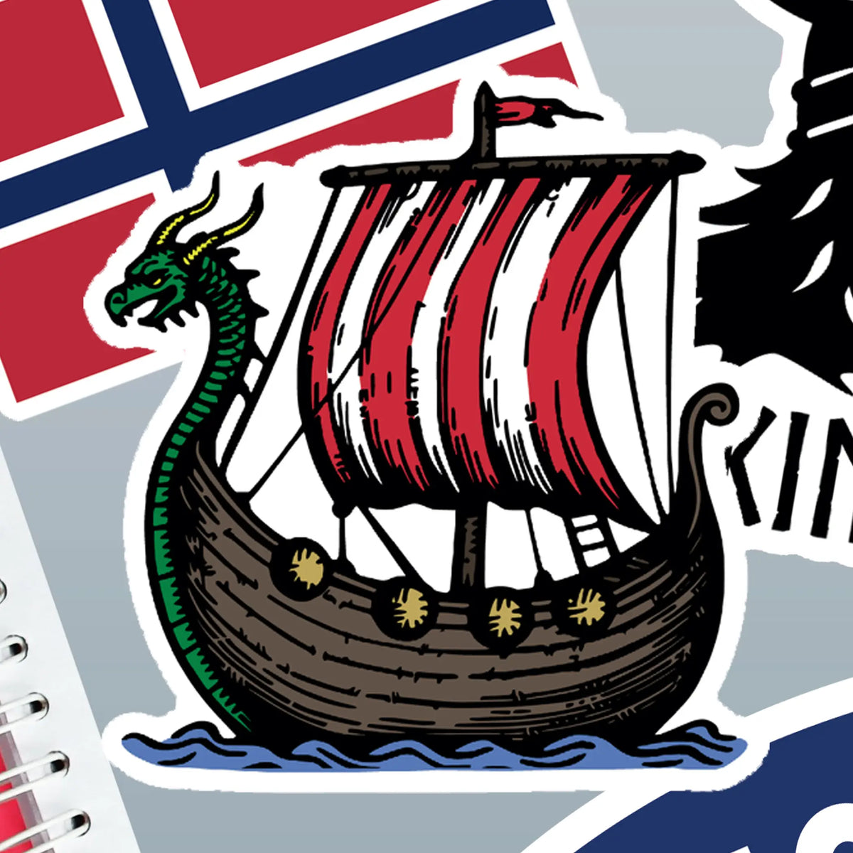 Sticker showing a cartoon Viking ship with dragonhead prow, red and white sail, and shields, positioned over part of a Norwegian flag.