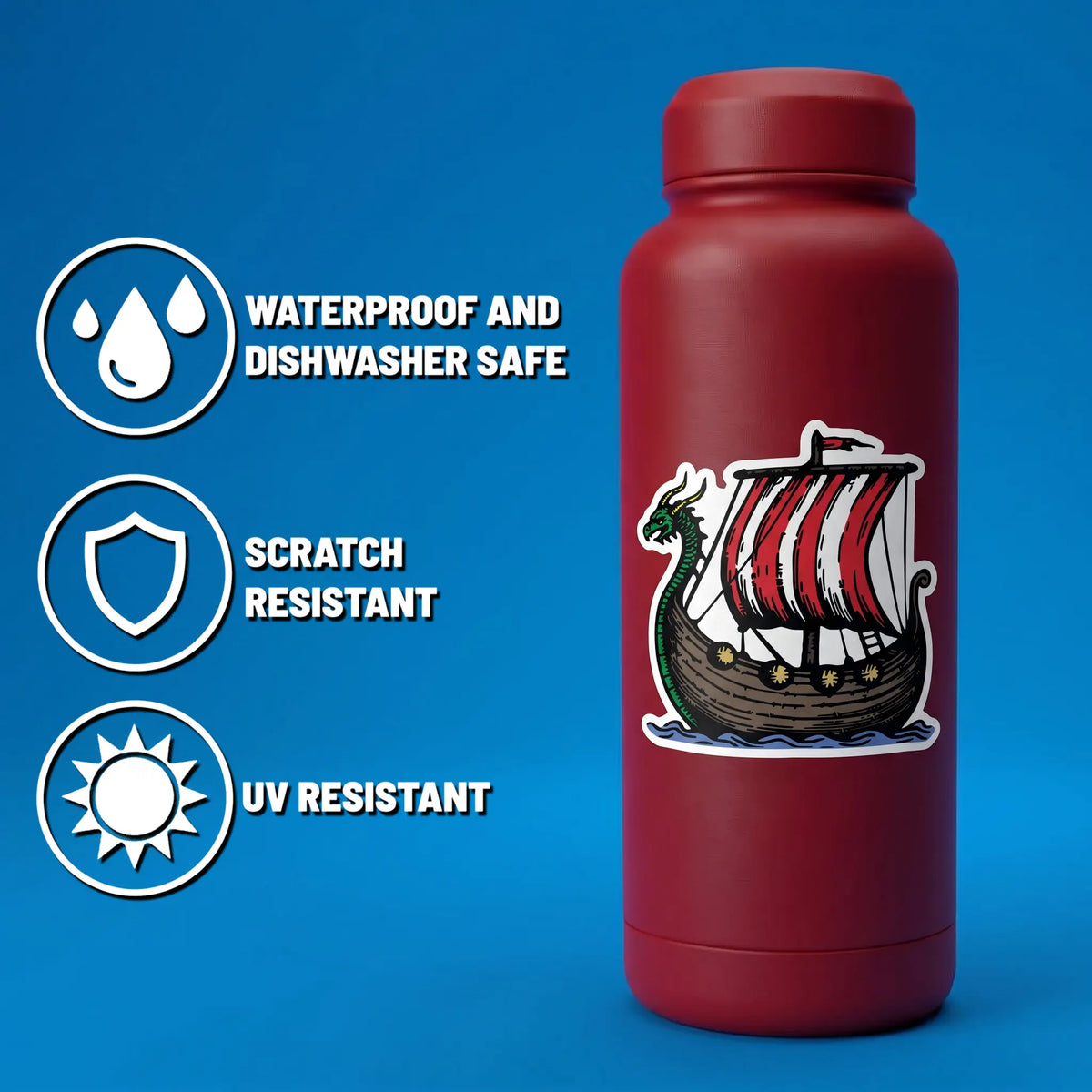 Red bottle featuring a Nordic Viking ship sticker on the front, set against a blue background.