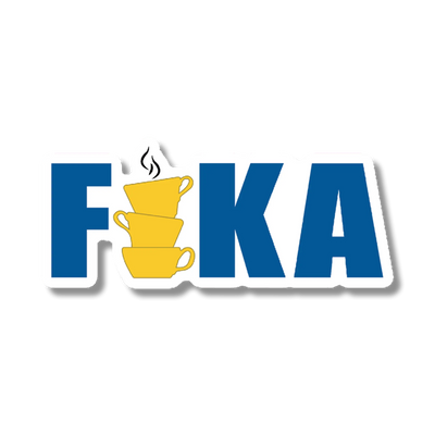 Blue letters spelling FIKA, with the I shown as three stacked yellow coffee cups; steam rises from the top cup, referencing Swedish coffee culture.