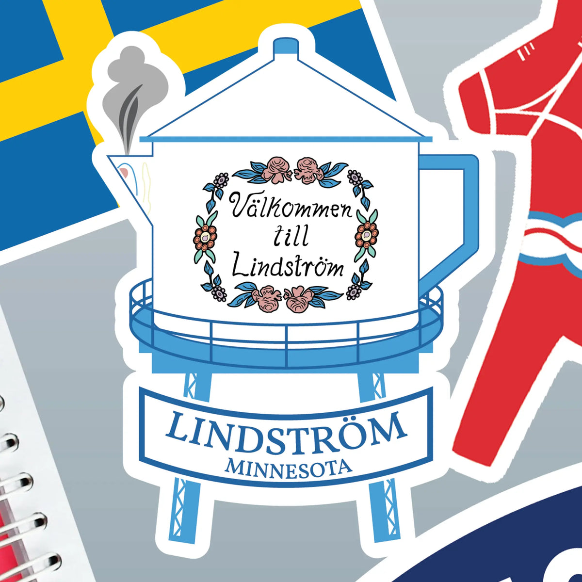 Sticker showing the Lindström Water Tower, the text “Välkommen till Lindström,” Swedish flags, and colorful Scandinavian-inspired graphics.