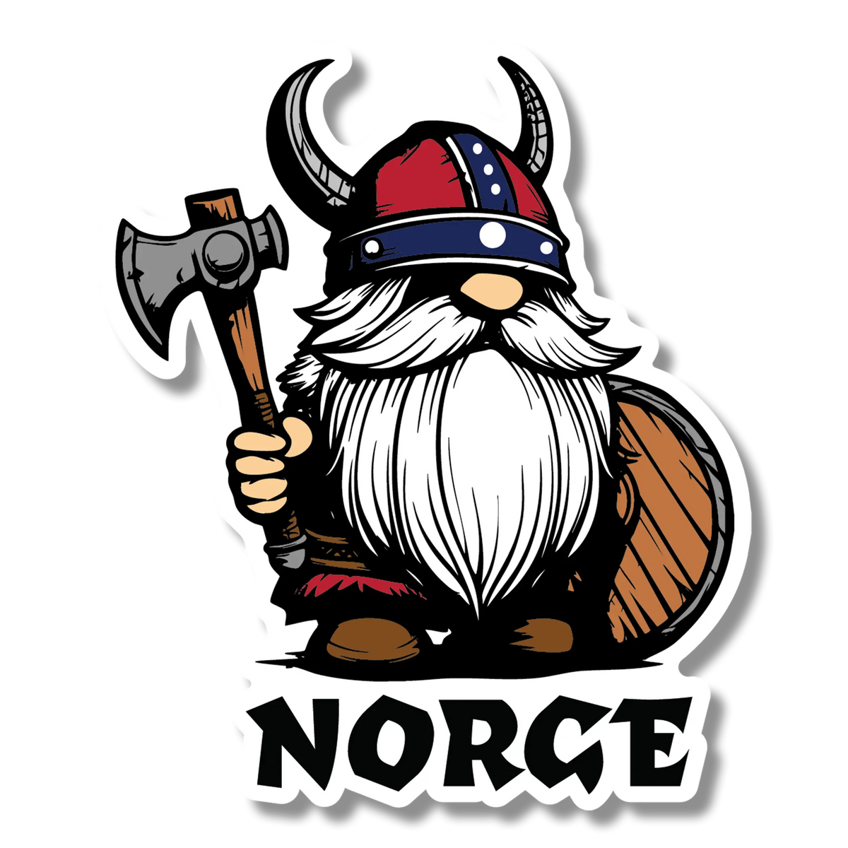 Sticker featuring a cartoon Norwegian Viking gnome with a horned helmet, red beard, axe, and shield, standing above bold uppercase letters spelling “NORCE”.