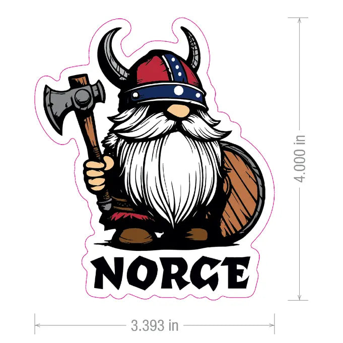Cartoon Viking with horned helmet, holding an axe and a shield. The word “Norge” appears below the illustration. Product size is 4 by 3.393 inches.