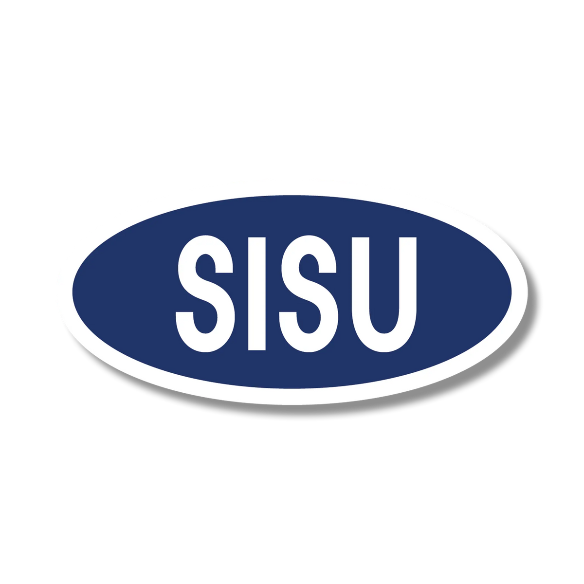 Dark blue oval sticker with bold white capital letters spelling “SISU” centered on the front.