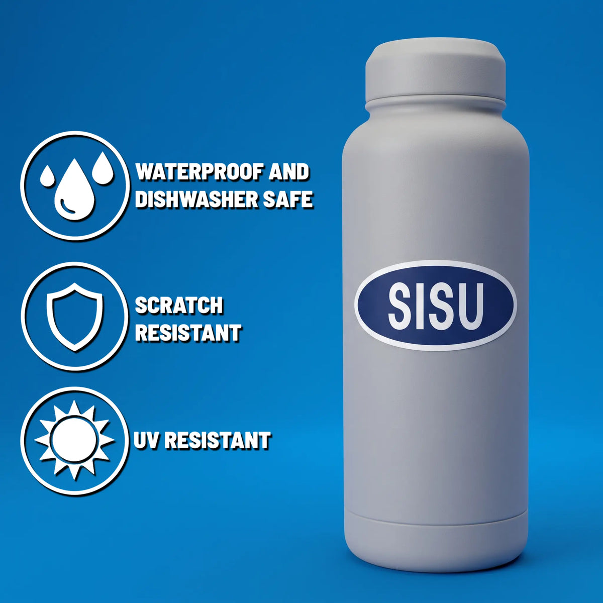 Gray water bottle with SISU label and SISU sticker. Three icons indicate waterproof, dishwasher safe, and UV resistance, shown on a blue background.