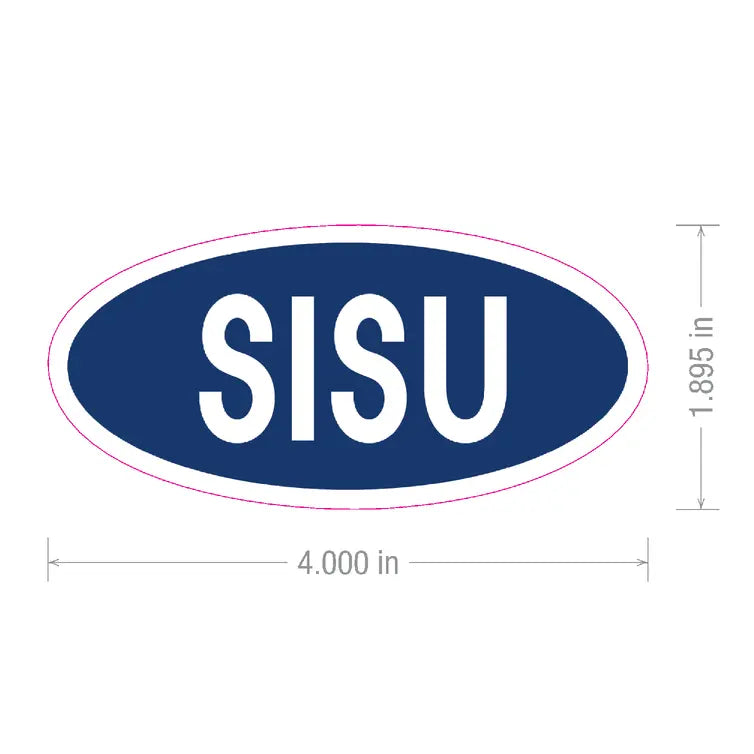 Oval sticker with a blue background featuring bold white letters spelling “SISU.” Approximate dimensions are 4 inches wide by 1.9 inches tall.