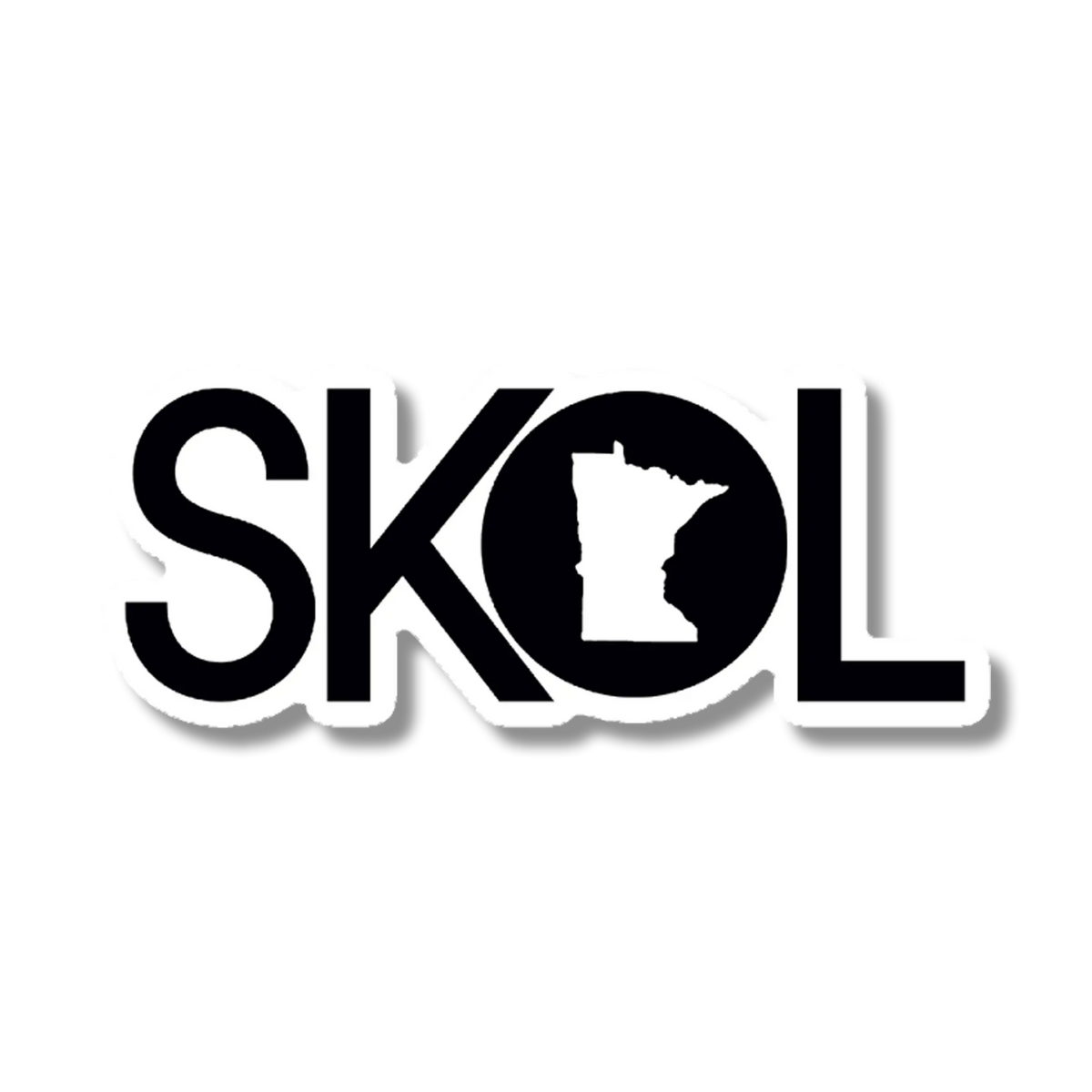 Sticker with the word “SKOL” in bold black letters; the “O” is replaced by a black silhouette of Minnesota.