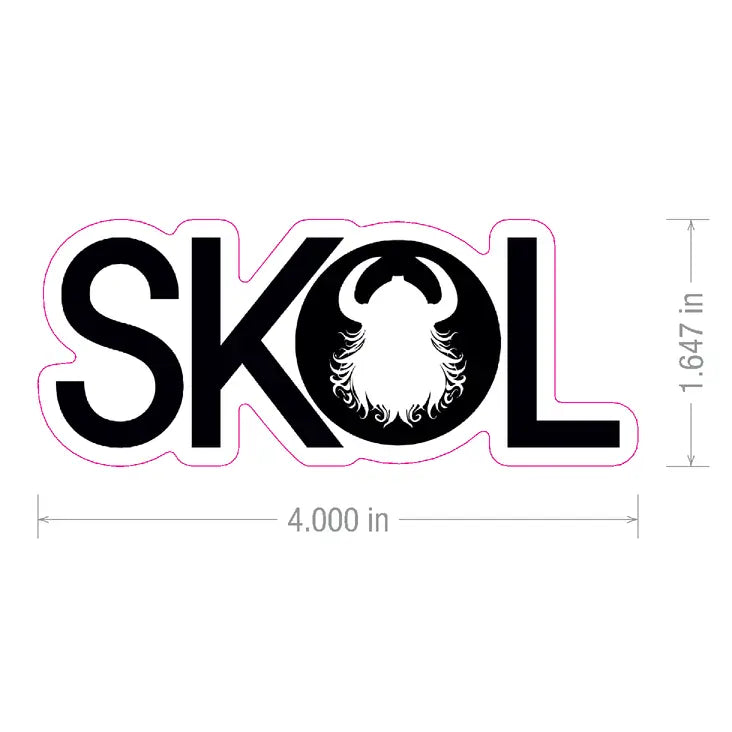 Sticker featuring bold letters spelling SKOL, with the letter O containing a Viking helmet and beard design. Dimensions are 4 inches wide by 1.647 inches tall.