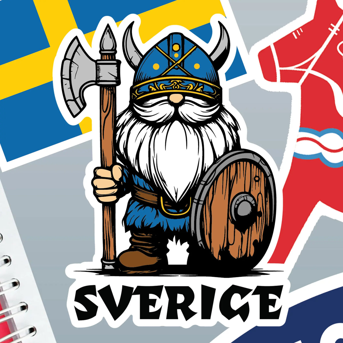 Sticker featuring a cartoon Viking holding an axe and shield in front of the Swedish flag, with the word “Sverige” written below.