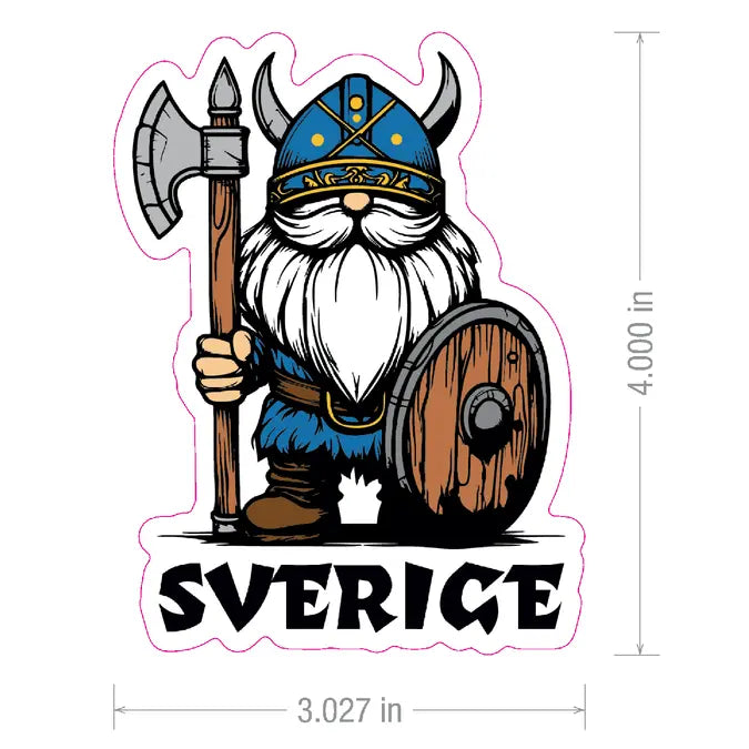 Cartoon Viking wearing a helmet and holding an axe and shield stands above the word “SVERIGE” on a rectangular Swedish Viking Gnome sticker.