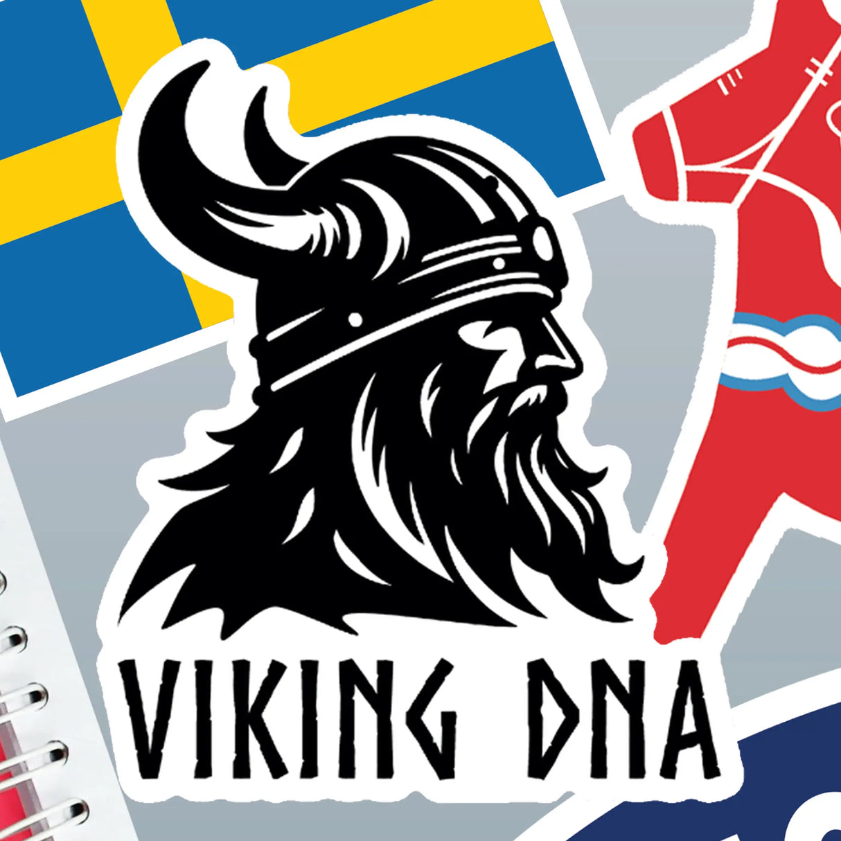 A striking black and white “Nordic Sticker: Viking DNA Sticker – Unleash Your Inner Warrior (3.45 x 4 Inches)” from Swedish Gift Store, featuring a bold Viking helmet and beard with the text “VIKING DNA,” displayed alongside vivid Nordic stickers inspired by the Swedish and Norwegian flags.