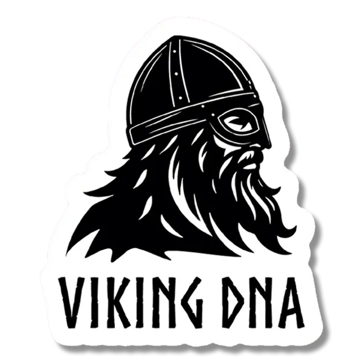 Sure! Here’s the rewritten sentence using the provided product data: Striking black and white illustration of a Viking warrior with long hair and beard, wearing a period accurate helmet and facing right, above bold “VIKING DNA” text—this 3.45″ x 4″ Viking DNA Sticker from Swedish Gift Store is perfect for any fan of Norse heritage.