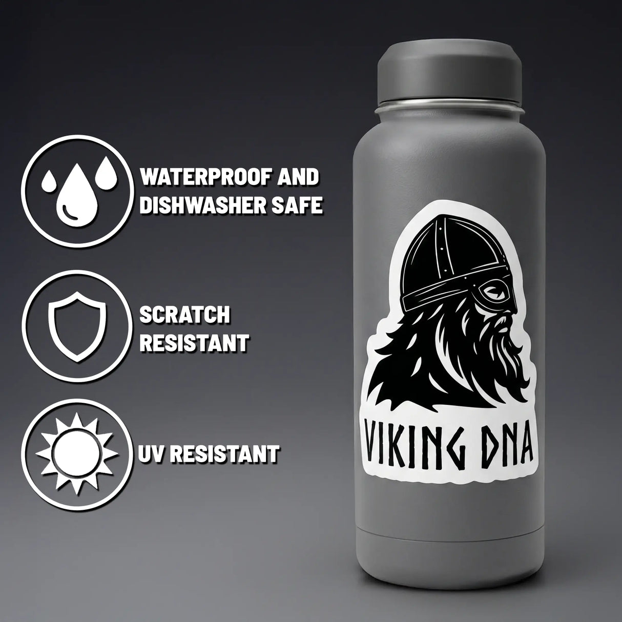 A gray bottle featuring the Swedish Gift Store’s Viking DNA Sticker with a period-accurate helmet and beard boldly displayed. This die-cut sticker measures 3.45″ x 4″, stands out with matching graphic icons, and is highlighted as waterproof, dishwasher safe, scratch resistant, and UV resistant.