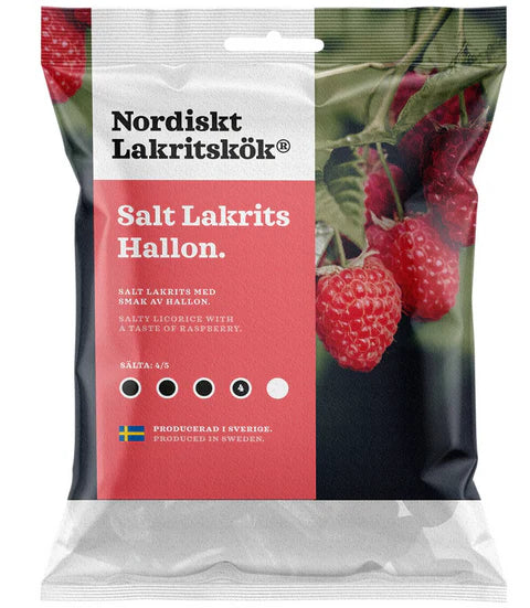 A 4.23oz package of Nordiskt Lakritskok Salt Licorice - Raspberry, perfect for fans of Swedish salty licorice. The front features raspberry images and product details in Swedish and English.