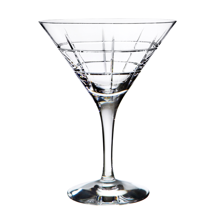 The Orrefors: Street Martini Glass, designed by Jan Johansson, features a geometric grid pattern etched on its surface. Standing against a white background, it perfectly embodies modern elegance.