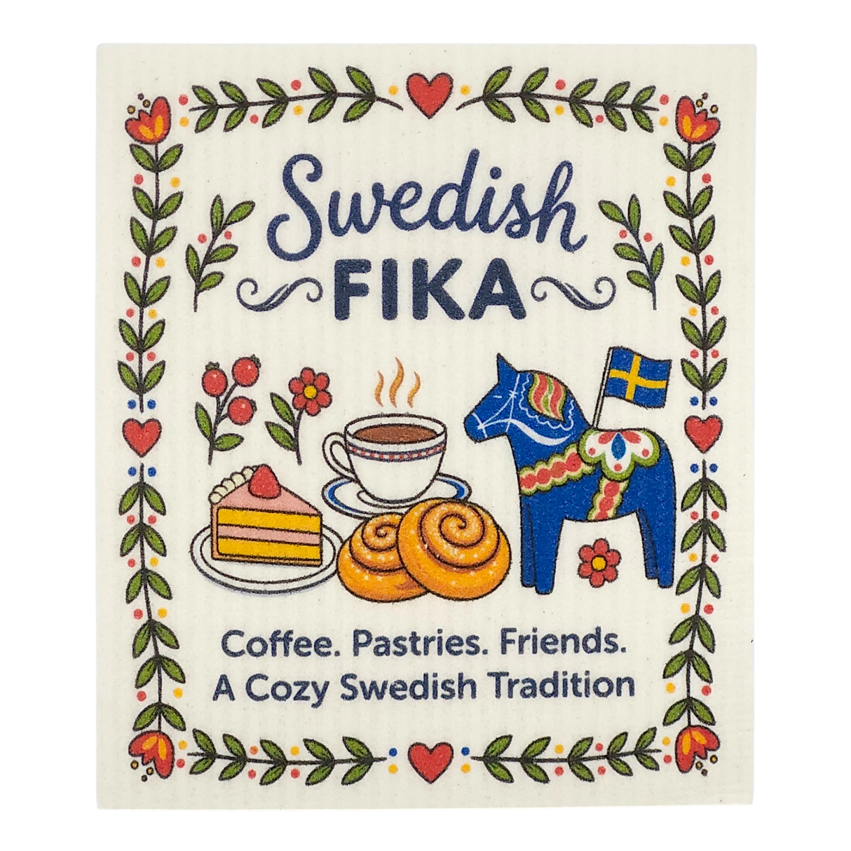 Colorful product with “Swedish Fika” text, coffee cups, pastries, Dala horse, Swedish flag, and floral border. Additional small text: Coffee. Pastries. Friends.