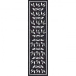 A black runner rug by Ekelund Master Weavers, named Siljan, showcases grey Swedish Dala horses on a black background, drawing from traditional motifs.