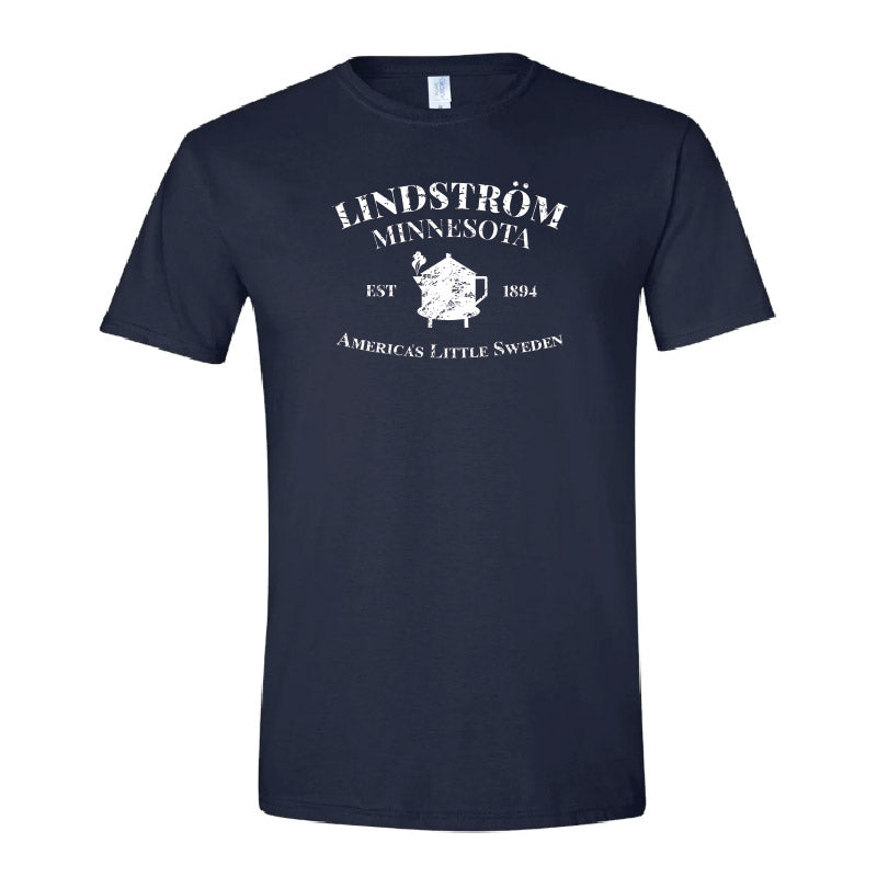 Navy blue Tee: Lindstrom Minnesota EST 1894 - Americas Little Sweden, with white text and a state graphic, celebrating Swedish heritage.