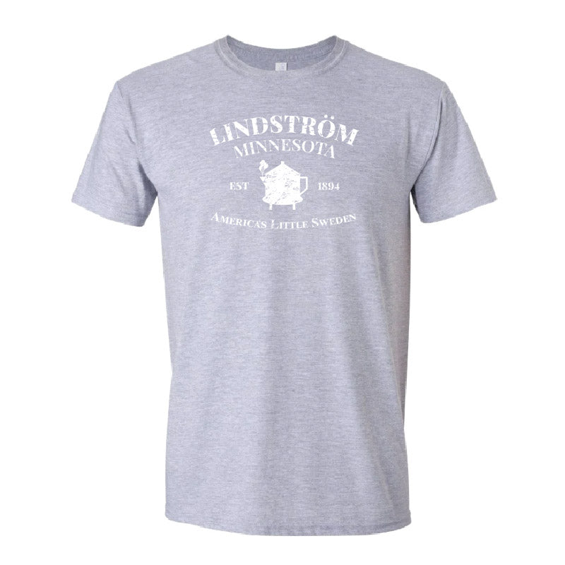 The Tee: Lindstrom Minnesota EST 1894 - Americas Little Sweden features white text and a Swedish Dala horse, celebrating Lindstrom’s proud Swedish heritage.