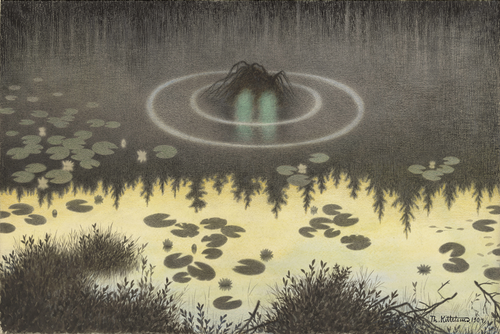 Mist shrouds a pond with lily pads and eerie green eyes hinting at a hidden troll—just like in Troll Magic: Hidden Folk from the Mountains & Forests of Norway by Theodor Kittelsen, translated by Tiina Nunnally.