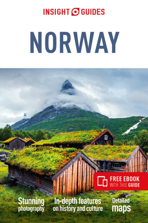 Cover of the book "Insight Guides Norway" showcasing charming rustic wooden cabins topped with grass roofs set against a breathtaking mountainous landscape, providing a captivating visual guide to this picturesque country.