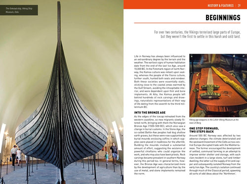 On the left, there's an image of a Viking ship in a museum, and on the right, an article titled Beginnings explores Viking history. This captivating scene is ideal for those interested in Norway travel and offers rich insights similar to what you’d discover in the book "Insight Guides Norway" or other visual travel guides.