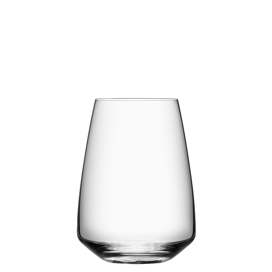 The Orrefors Pulse Tumbler Glass (4-Pack) features a clear, smooth, tapering cylindrical design on a white background, reflecting Scandinavian simplicity.