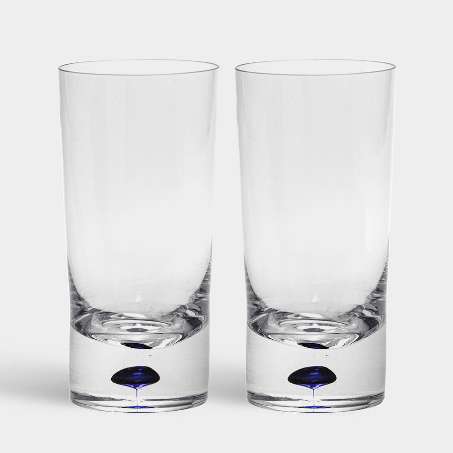Two Orrefors Intermezzo Blue Tumblers, 13oz each, designed by Erika Lagerbielke with a blue accent at the base, elegantly stand side by side.