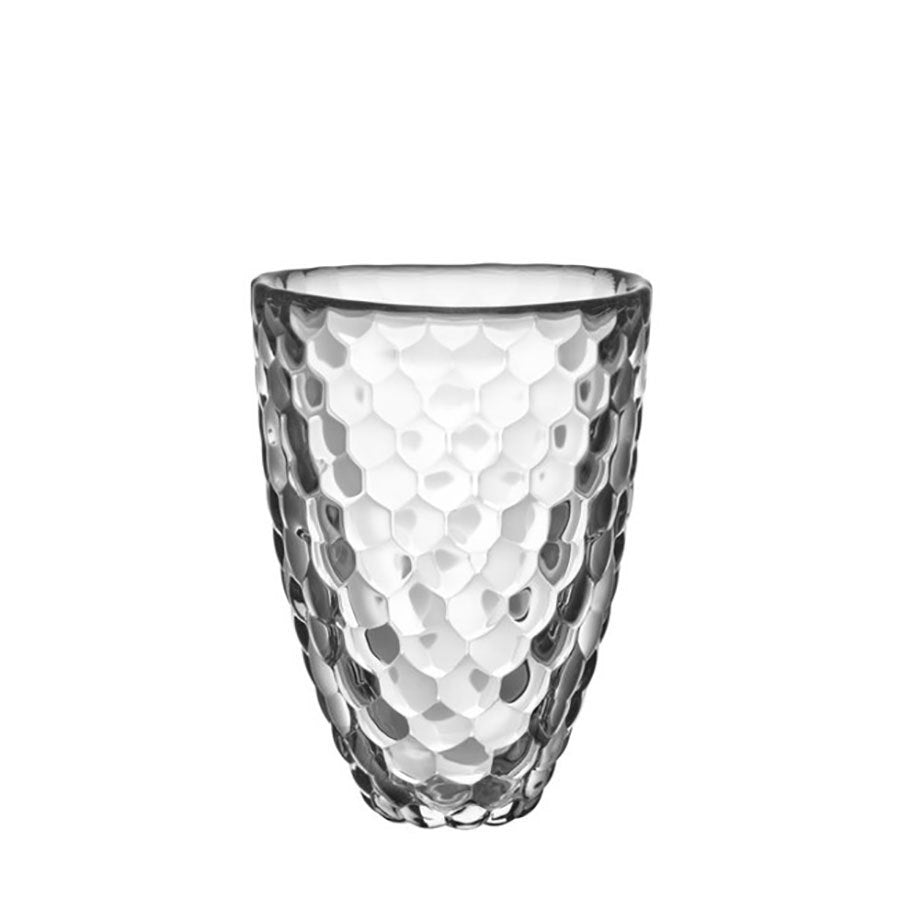 The Orrefors Raspberry Vase Small by Anne Nilsson features a clear glass design with a honeycomb texture, capturing the elegance of an Orrefors classic against a white background.