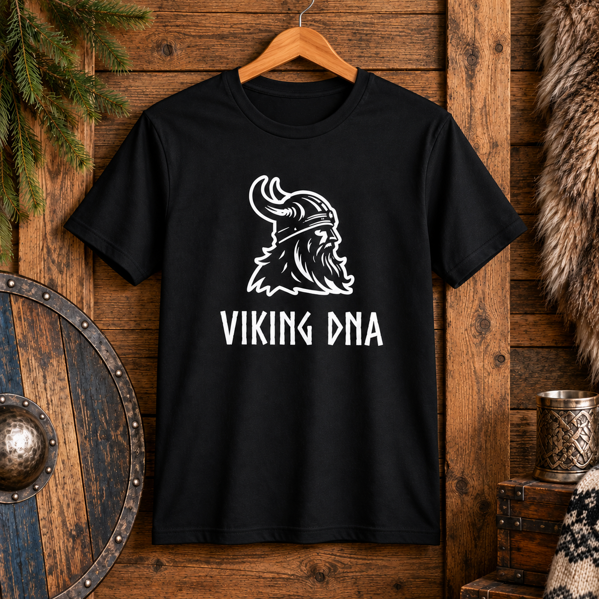 Black t-shirt with a white graphic of a bearded Viking wearing a horned helmet and the words “VIKING DNA,” displayed among rustic Viking heritage decor items.