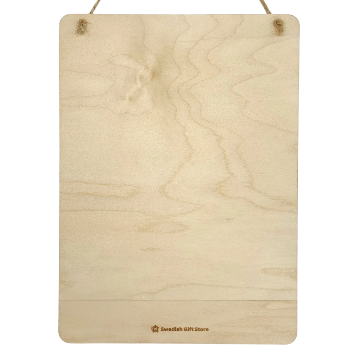 Rectangular wooden plaque with visible grain, hung by two strings. A small Swedish Gift Store logo appears at the bottom. Scandinavian design elements are present.