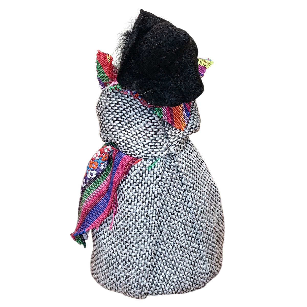 The Kitchen Witch: Yasmina Purple Standing Kitchen Witch Doll, dressed in black and white with a colorful shawl and black head covering, serves as a charming protective talisman, shown against a white background.