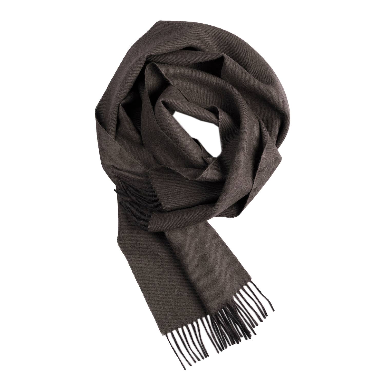 The Truffle scarf, made entirely from the finest baby alpaca fiber, is a dark brown wool accessory with fringed ends and neatly folded.