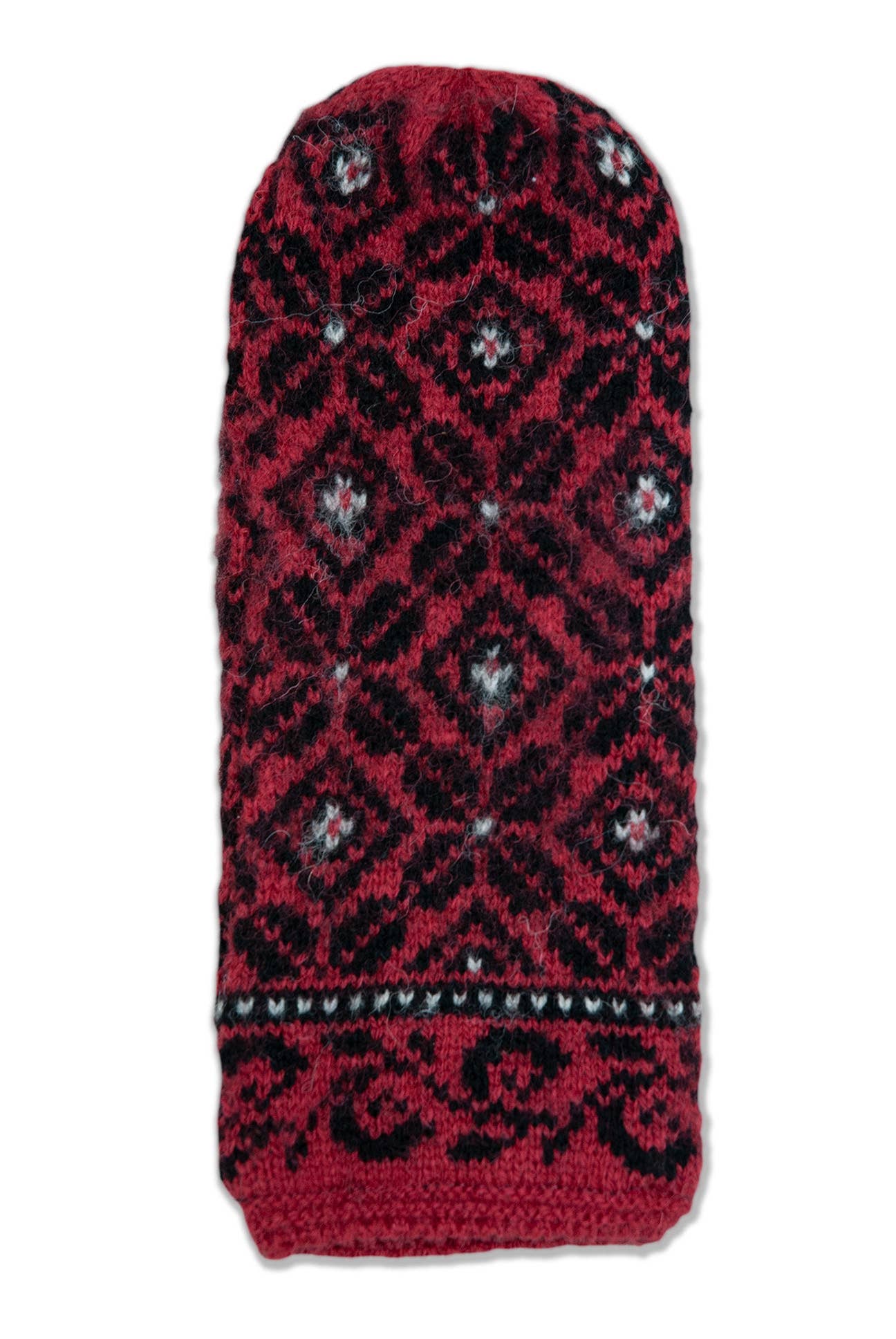 Dark red mittens with a knit design, featuring a geometric and floral pattern, crafted from cozy Shetland Wool for ultimate warmth.