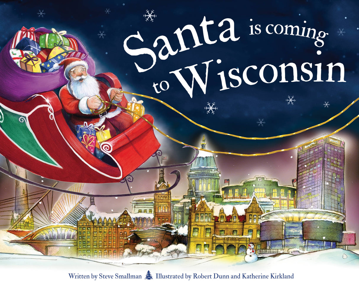 A depiction of Santa in a sleigh over a snow-covered city, capturing the enchanting essence of Santa's Christmas Eve journey, accompanied by the text "Santa Is Coming to Wisconsin" from the book *Santa Is Coming to Wisconsin*.