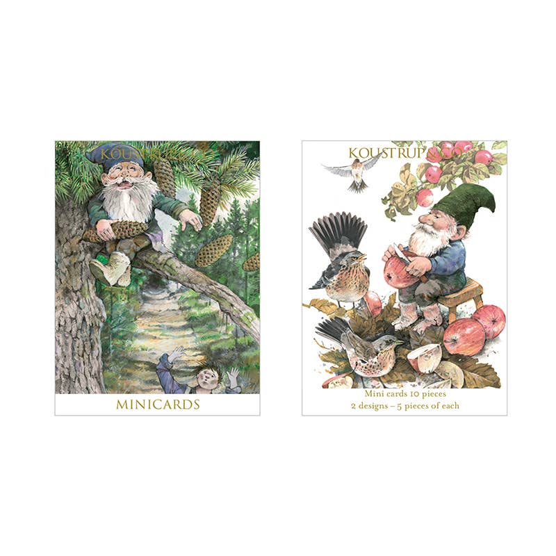 The Card Pack: Forrest Gnomes Mini Gift Cards by Koustrup & Co includes 10 cards and envelopes featuring two charming illustrated images of gnomes in nature—one in a pine tree, the other among birds, apples, and mushrooms.