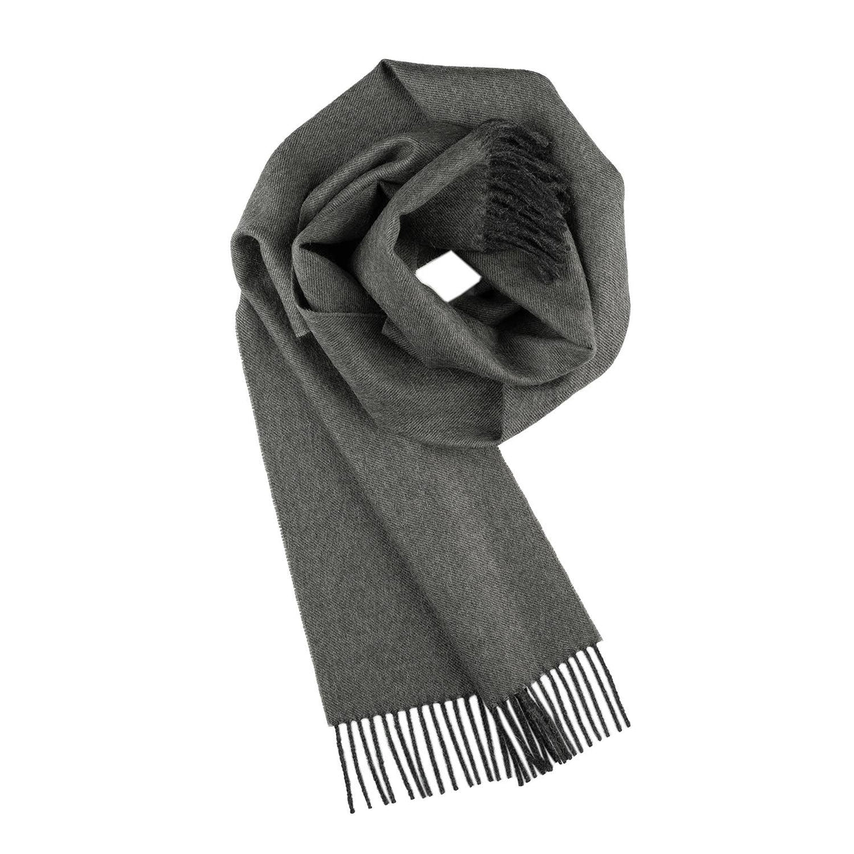 The 100% Baby Alpaca Scarf in Carbon (Charcoal) is shown folded with fringed ends on a white background, highlighting its soft texture and unisex appeal for any wardrobe.