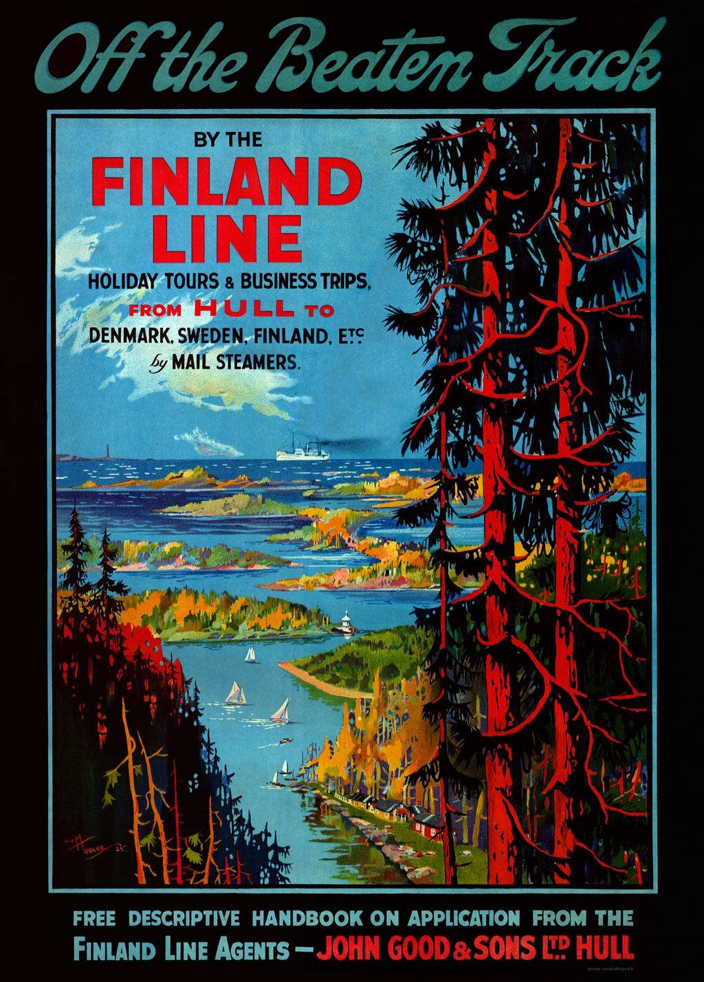 The "Off the Beaten Track Finland Line - Come to Finland" poster (50 x 70 cm), printed on premium FSC-certified matte paper, beautifully portrays a scenic landscape of forests and waterways. It advertises holiday tours and business trips from Hull to destinations such as Denmark and Sweden.