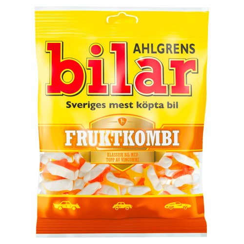 A yellow and orange 125g bag of Ahlgrens Bilar Fruktkombi Fruity Marshmallow Cars, with car images and Swedish text on the packaging.