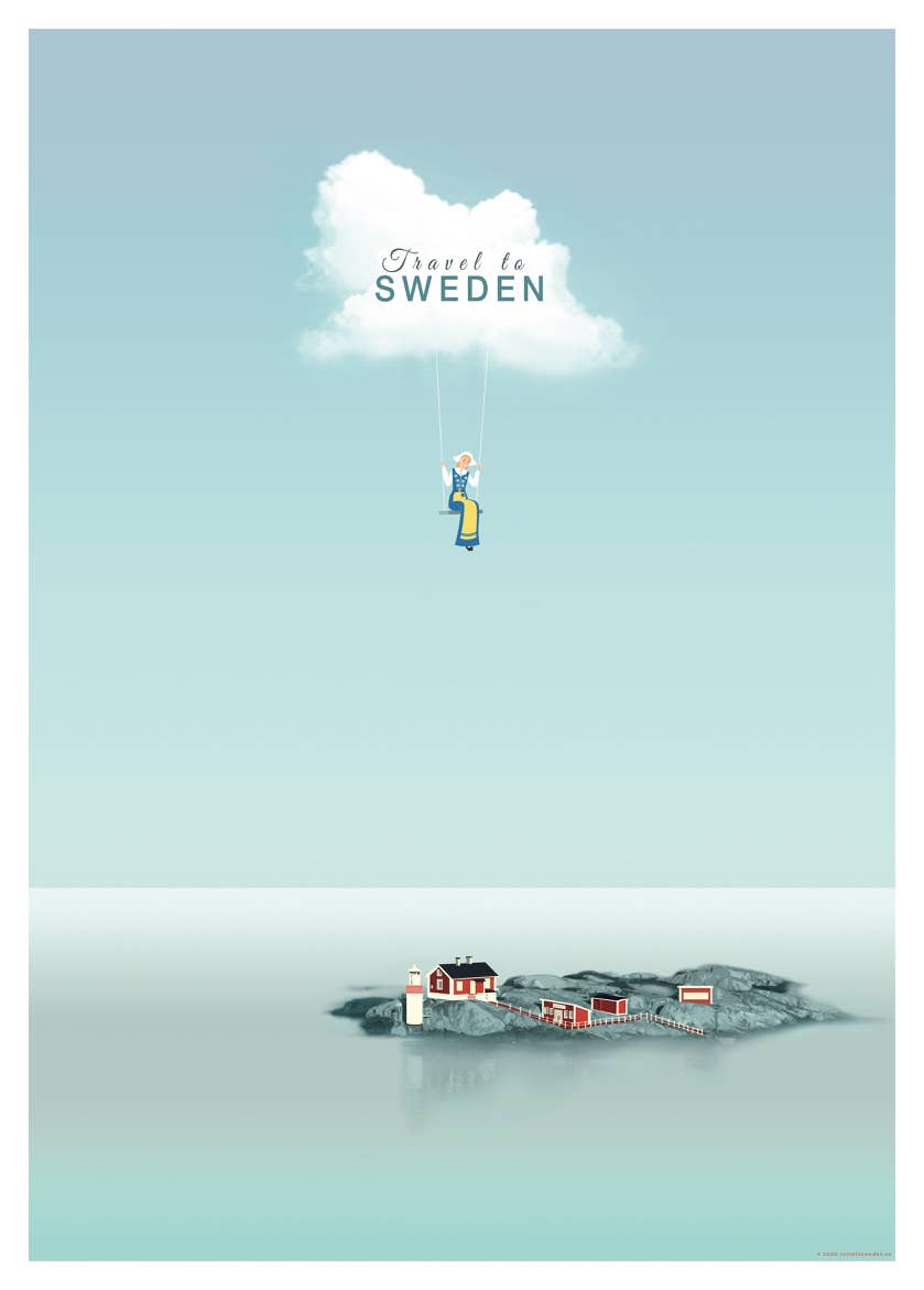 A charming travel poster features an illustration of a person swinging from a cloud labeled "Travel to Sweden," highlighting the allure of this picturesque Scandinavian country with its quaint island setting, complete with houses and a lighthouse. This stunning piece is available as the "Poster: Travel to Sweden - Come to Sweden" in a 50 x 70 cm size.