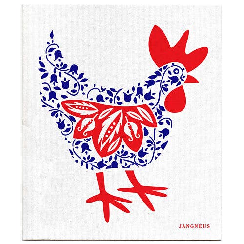 An illustration of a chicken with a red comb and legs, decorated in blue and red floral patterns on a white background, reminiscent of the Swedish Dish Cloth Hen - Blue & Red.