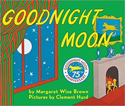 Cover of the beloved children's book, "Goodnight Moon" by Margaret Wise Brown, with illustrations by Clement Hurd. This edition showcases a room with a fireplace, a window revealing the moon, and mentions of its anniversary edition.