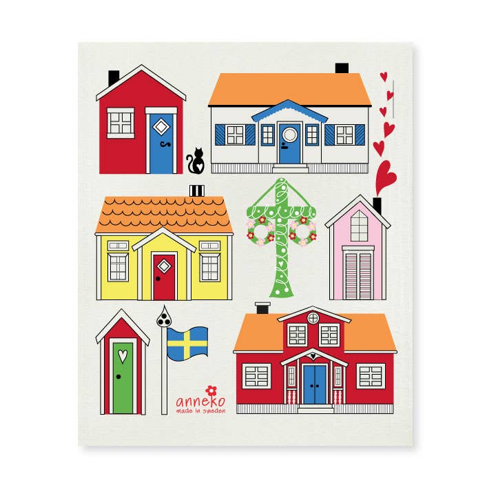 A vibrant depiction features six Swedish-style cottages, a Maypole, and a Swedish flag, with hearts adorning the sides. This scene reflects the charming patterns found on the eco-friendly "Dish Cloth: Swedish Cottages.