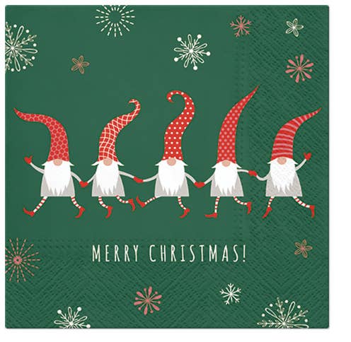 Add festive charm to your table with Napkins: Friendly Gnomes Holding Hands and Wishing You Merry Christmas! Lunch Napkins (20/pkg)—perfect for holiday gatherings and celebrations.