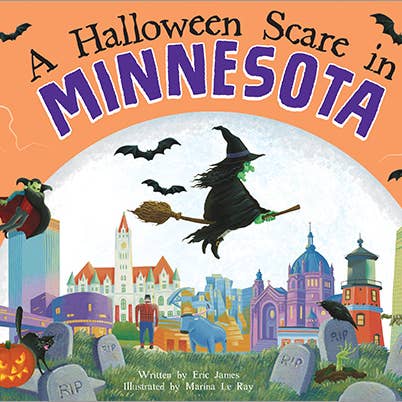 The cover of Book: A Halloween Scare in Minnesota by Eric James, illustrated by Marina Le Ray, features a witch flying over a graveyard—ideal for fans of spooky Halloween stories or any Minnesota children’s book collection.