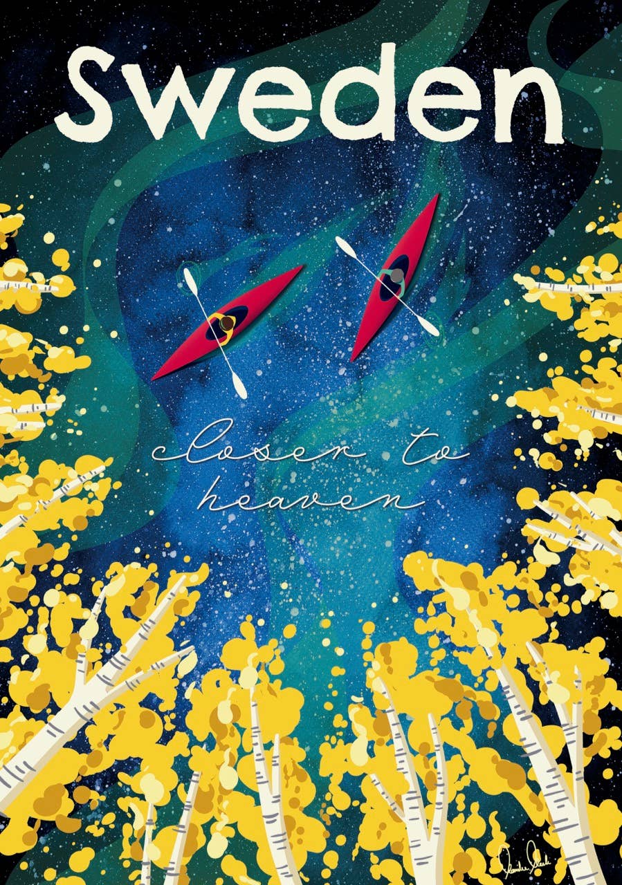 Poster: "Sweden - Closer to Heaven" by Mareike Mosch presents an illustrated scene where two kayaks glide across a starry water background, surrounded by trees with yellow leaves.